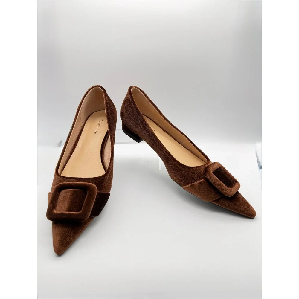 C.Paravano Pointed Toe Flats Womens 40 Brown Excellent Velvet Buckle Shoes